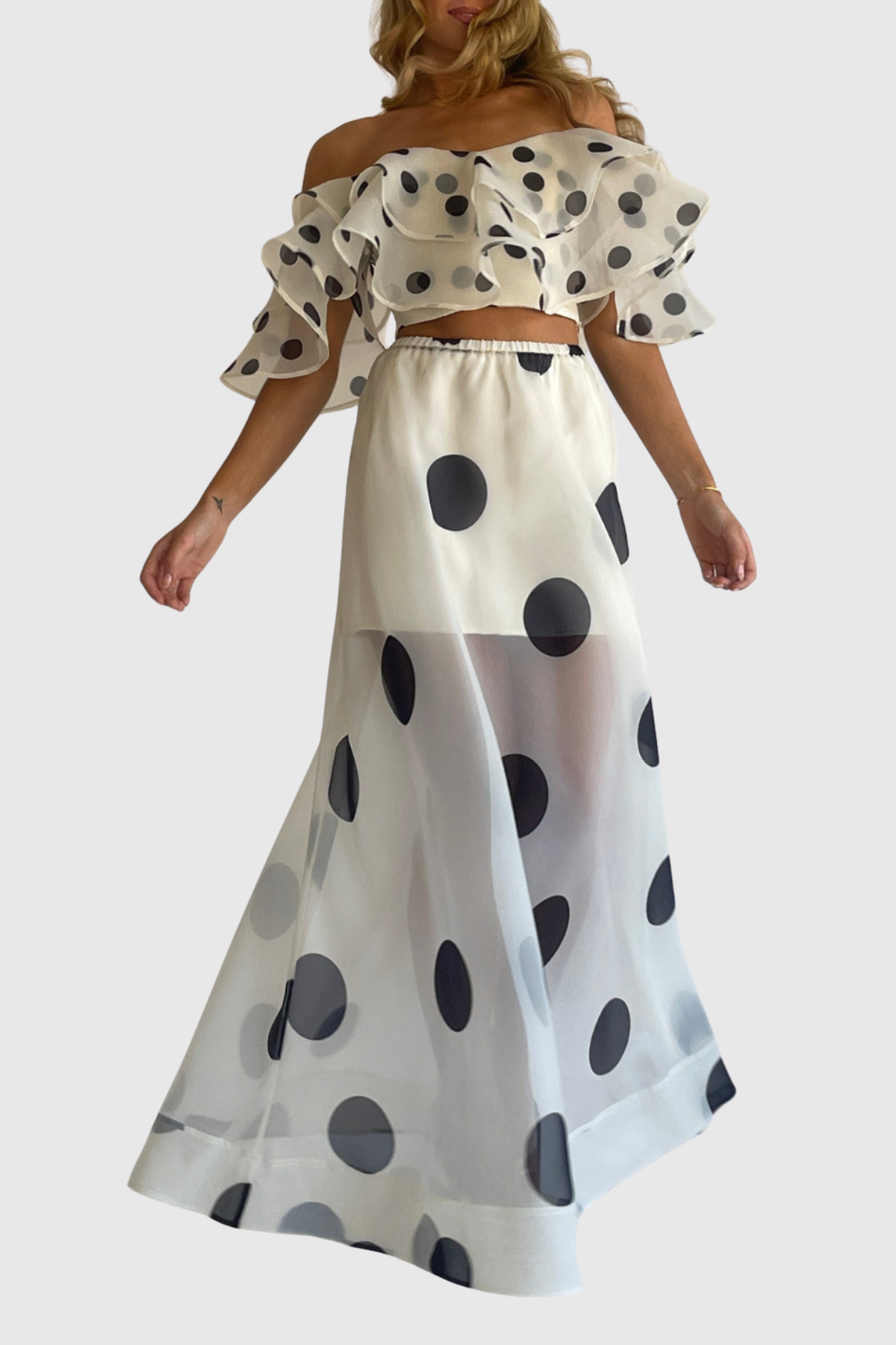 Ziley Off Shoulder Polka Dot Top & Maxi Skirt Set - White