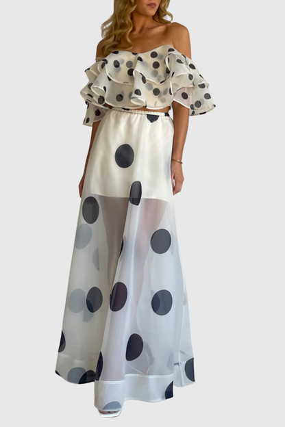 Ziley Off Shoulder Polka Dot Top & Maxi Skirt Set - White