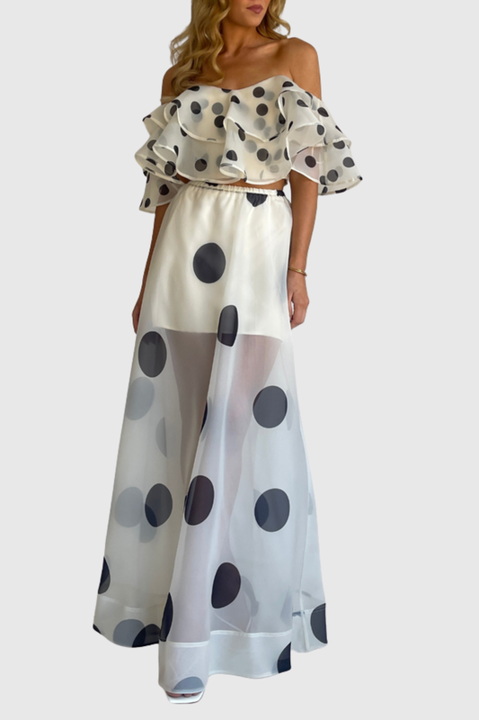 Ziley Off Shoulder Polka Dot Top & Maxi Skirt Set - White
