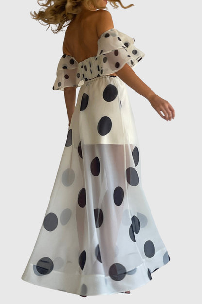 Ziley Off Shoulder Polka Dot Top & Maxi Skirt Set - White