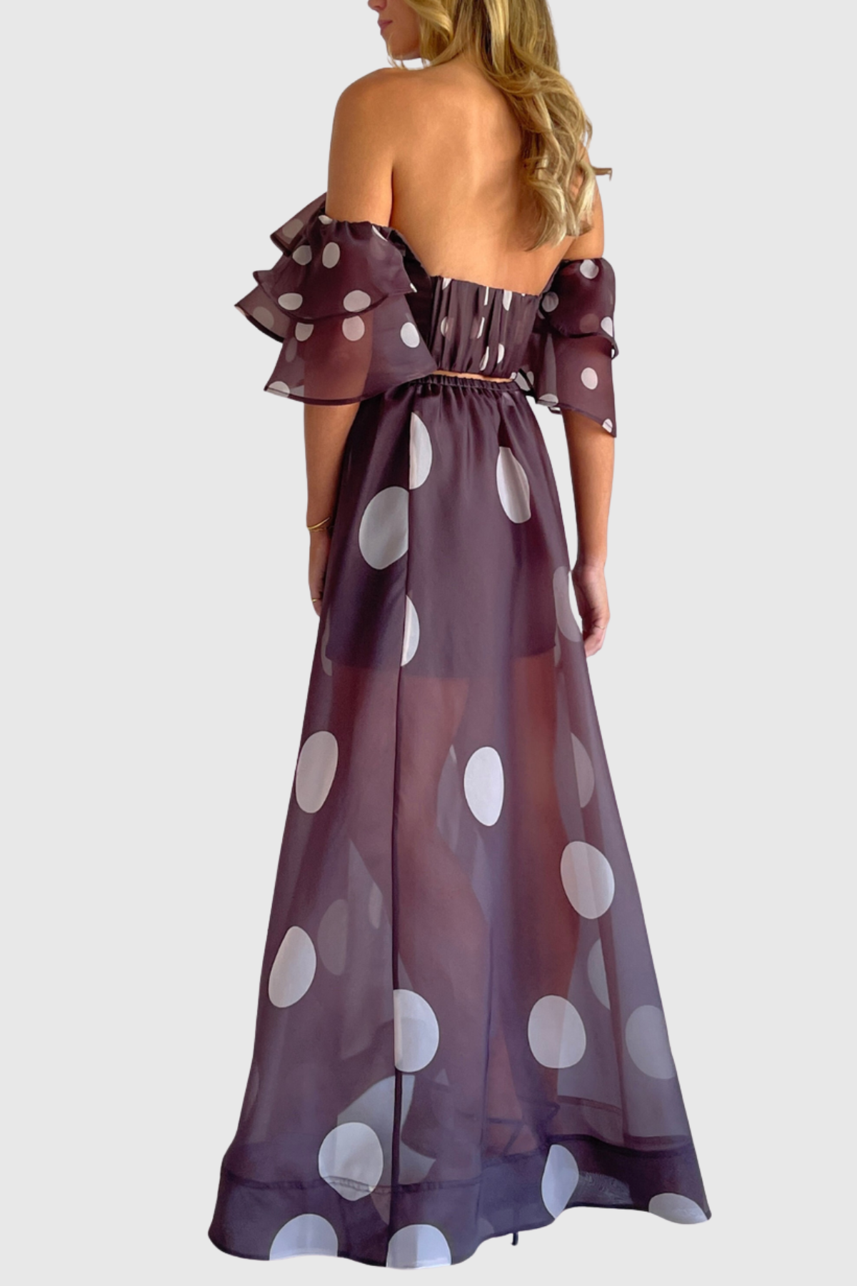 Ziley Off Shoulder Polka Dot Top & Maxi Skirt Set - Black
