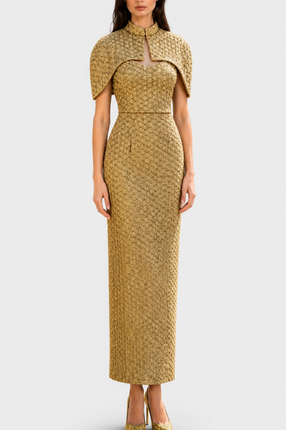 Ziraye Shawl Strapless Tweed Maxi Dress