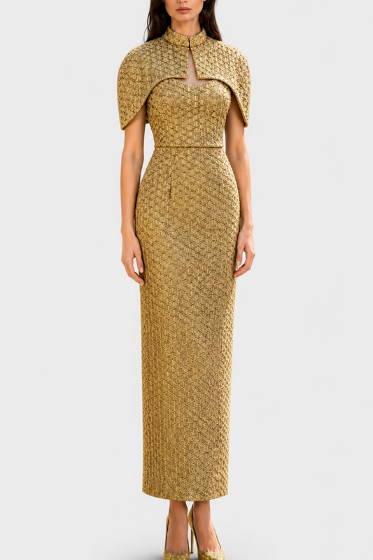 Ziraye Shawl Strapless Tweed Maxi Dress