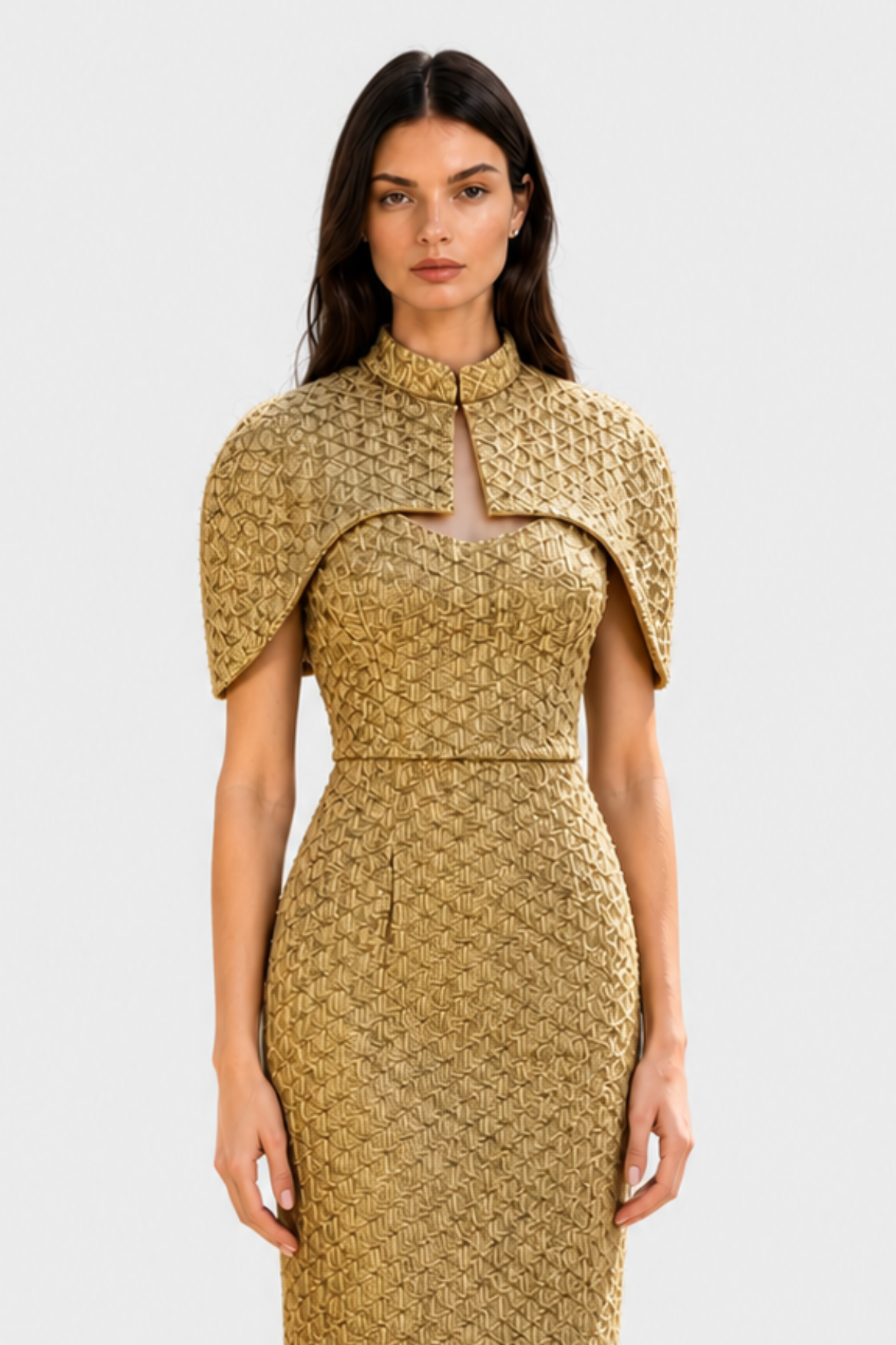 Ziraye Shawl Strapless Tweed Maxi Dress