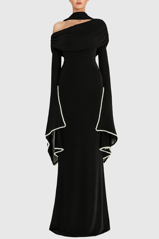 Zisel Pearl Trim Cutout Ruched Maxi Dress - Black