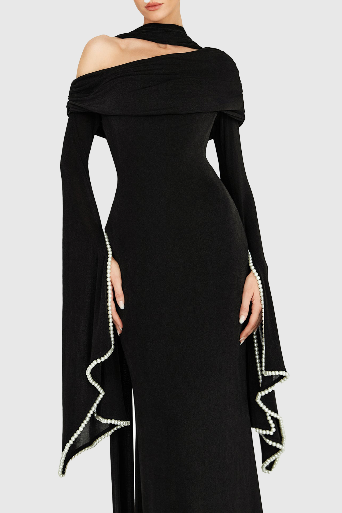 Zisel Pearl Trim Cutout Ruched Maxi Dress - Black