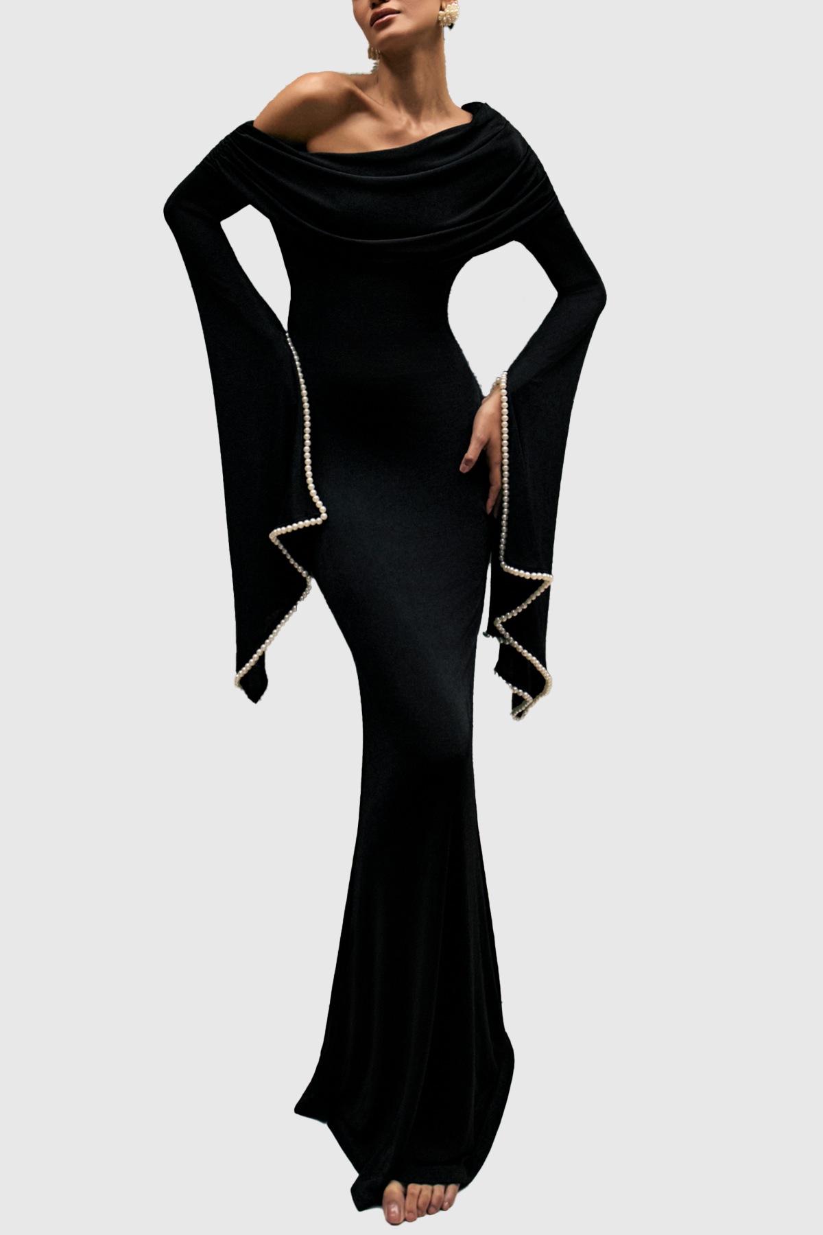 Zisel Pearl Trim Cutout Ruched Maxi Dress - Black