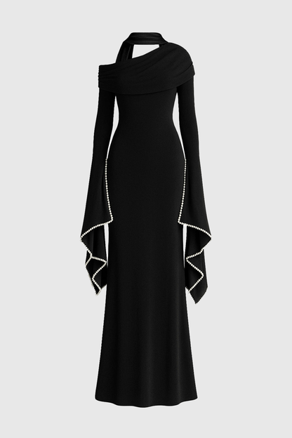 Zisel Pearl Trim Cutout Ruched Maxi Dress - Black