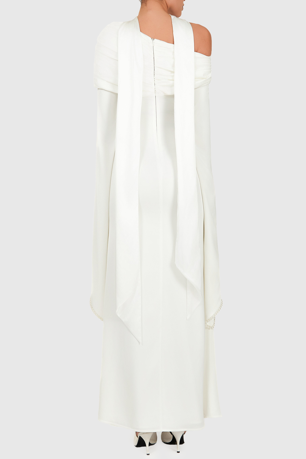 Zisel Pearl Trim Cutout Ruched Maxi Dress - White