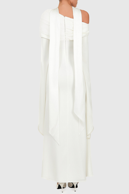 Zisel Pearl Trim Cutout Ruched Maxi Dress - White