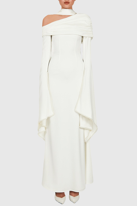Zisel Pearl Trim Cutout Ruched Maxi Dress - White