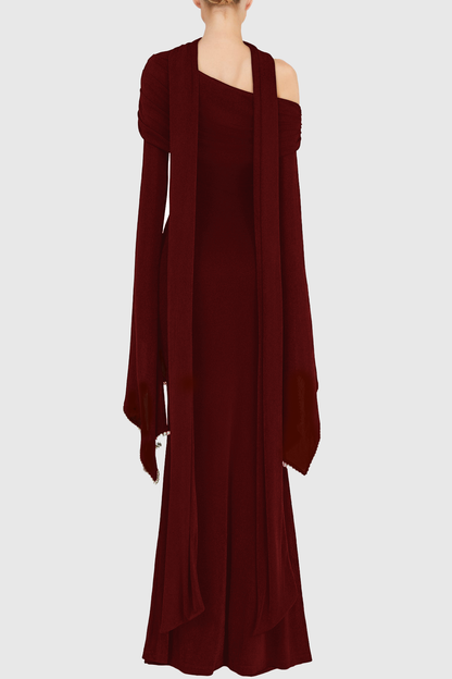 Zisel Pearl Trim Cutout Ruched Maxi Dress - Wine