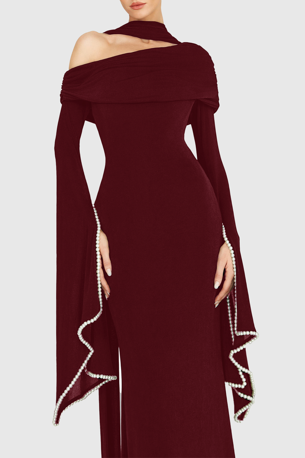 Zisel Pearl Trim Cutout Ruched Maxi Dress - Wine