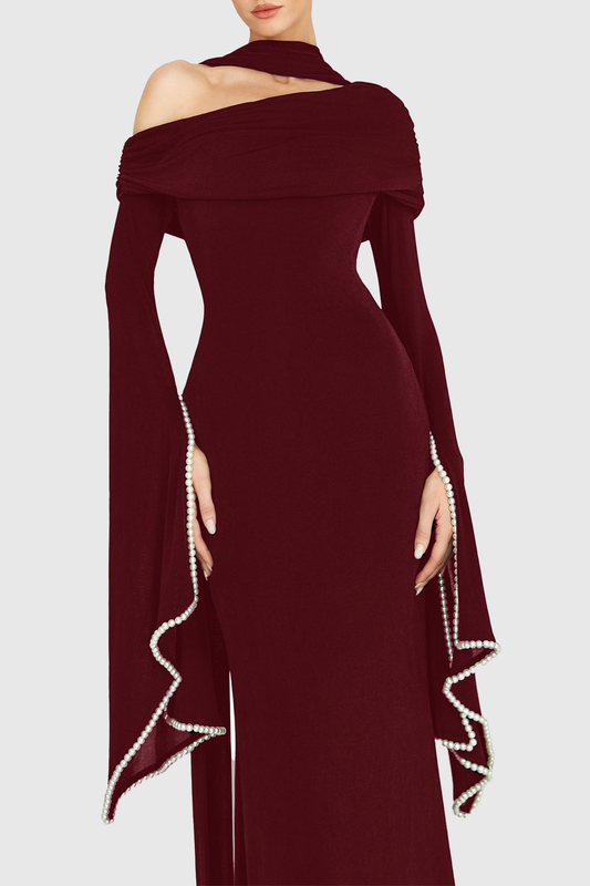 Zisel Pearl Trim Cutout Ruched Maxi Dress - Wine