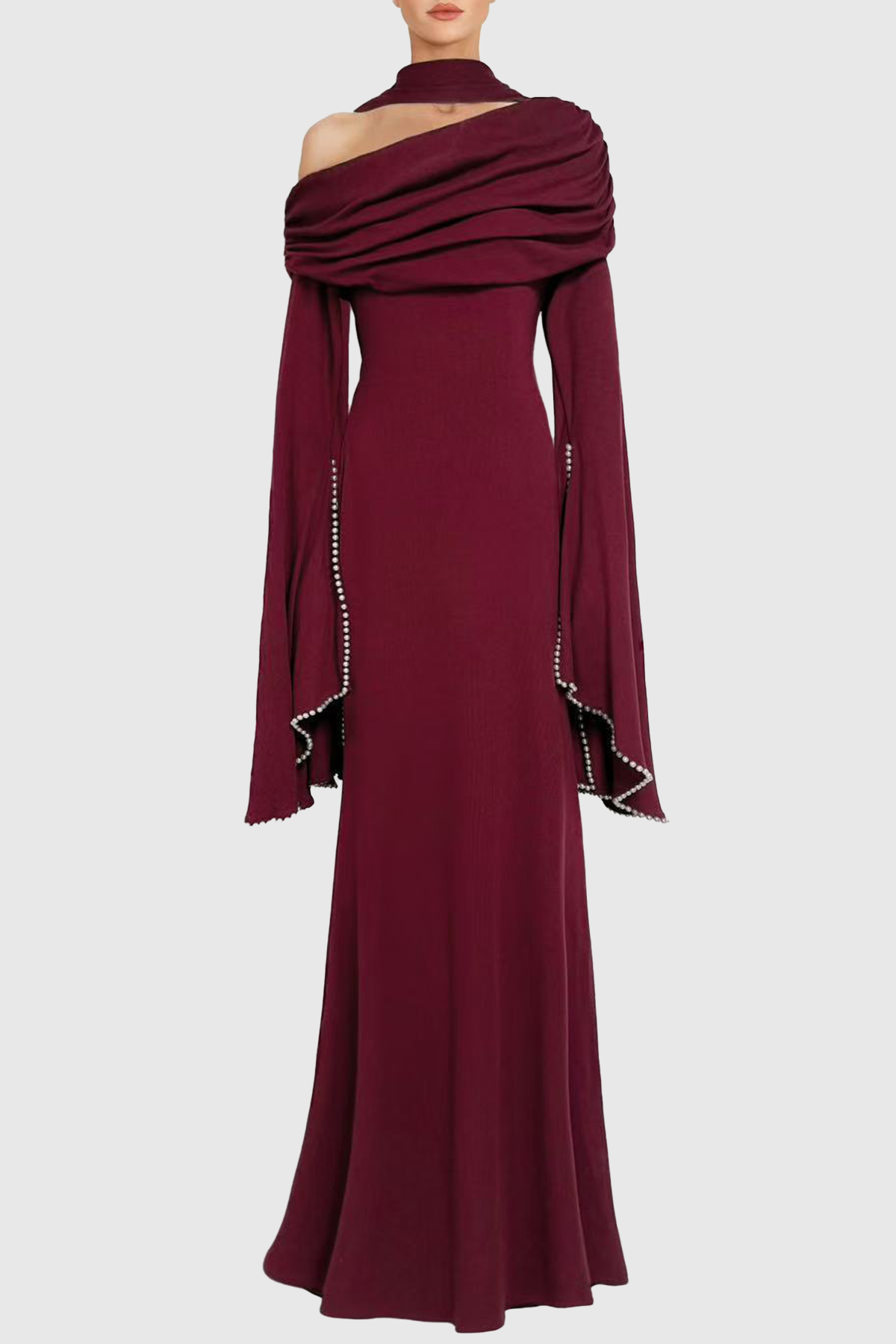 Zisel Pearl Trim Cutout Ruched Maxi Dress - Wine