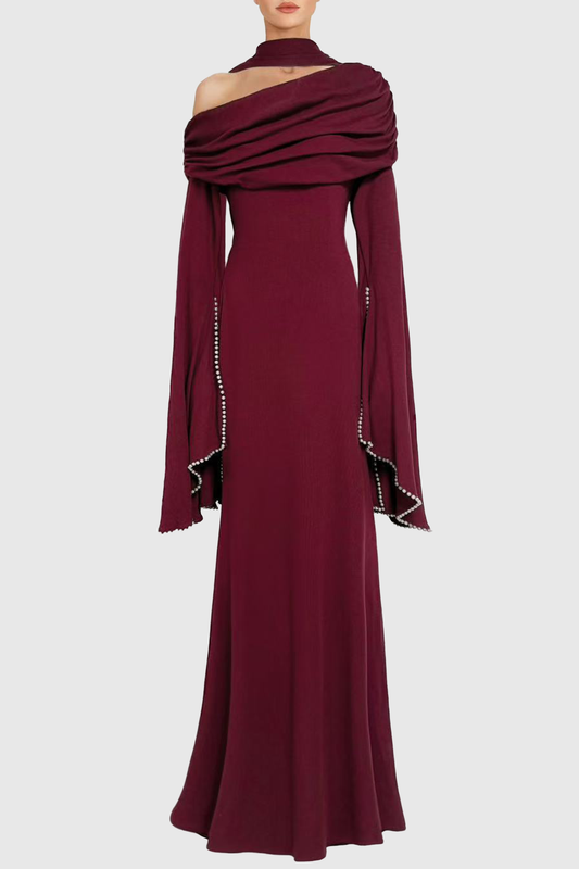 Zisel Pearl Trim Cutout Ruched Maxi Dress - Wine