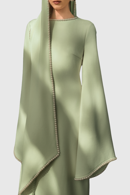 Zisel Pearl Trim Shawl Maxi Dress - Green