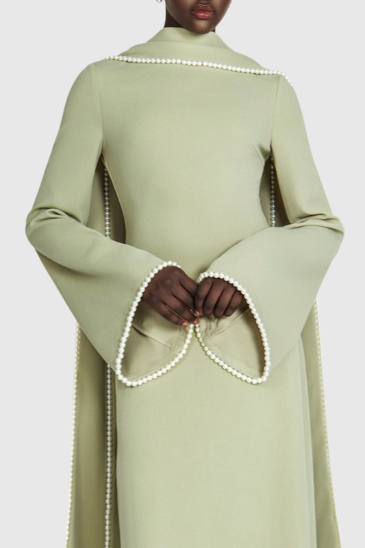 Zisel Pearl Trim Shawl Maxi Dress - Green