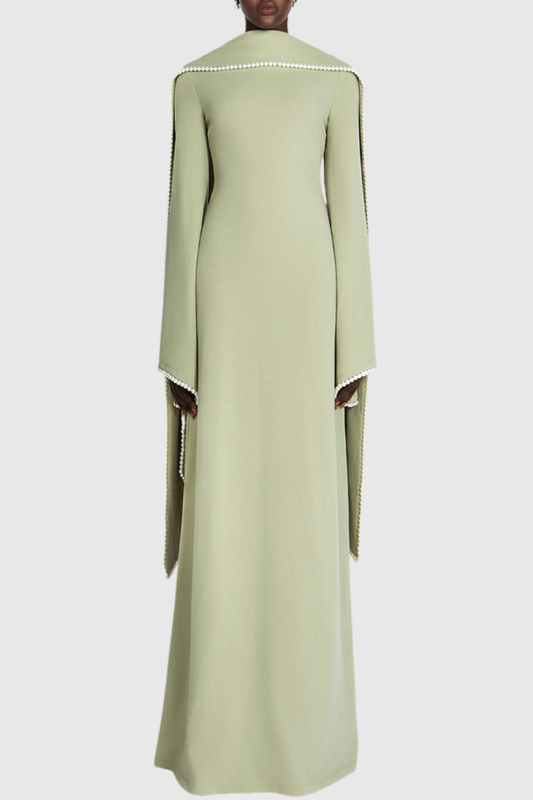 Zisel Pearl Trim Shawl Maxi Dress - Green