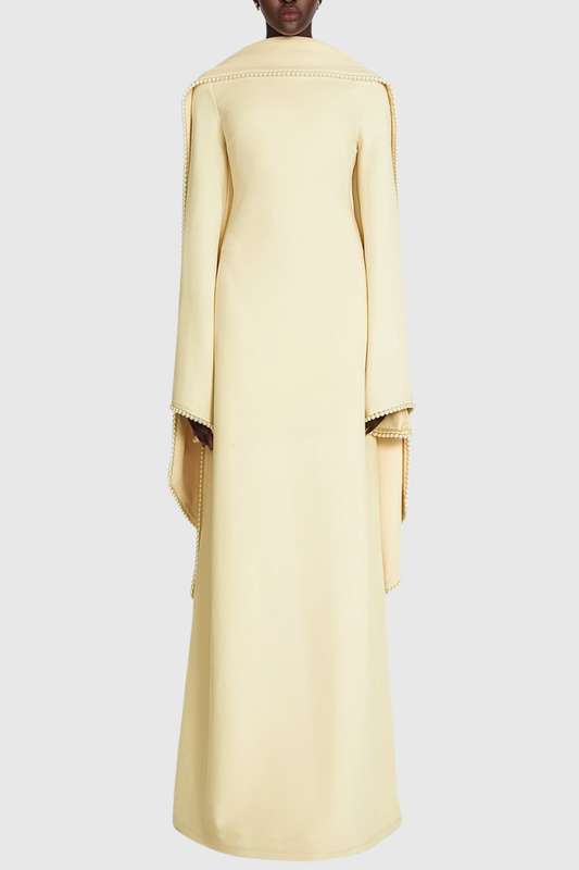 Zisel Pearl Trim Shawl Maxi Dress - Yellow