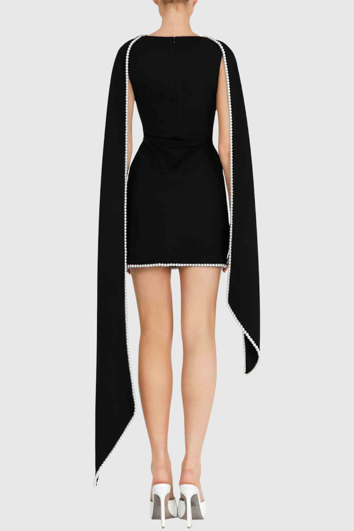 Zisel Pearl Trim Shawl Mini Dress - Black