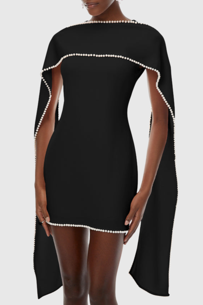Zisel Pearl Trim Shawl Mini Dress - Black