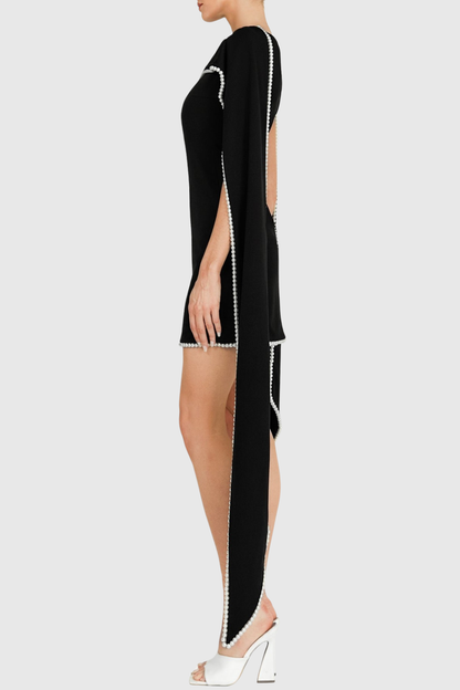 Zisel Pearl Trim Shawl Mini Dress - Black