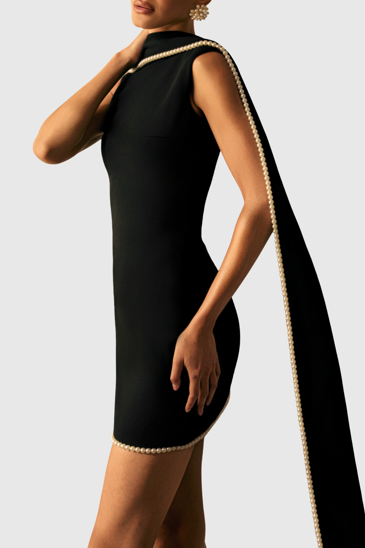 Zisel Pearl Trim Shawl Mini Dress - Black