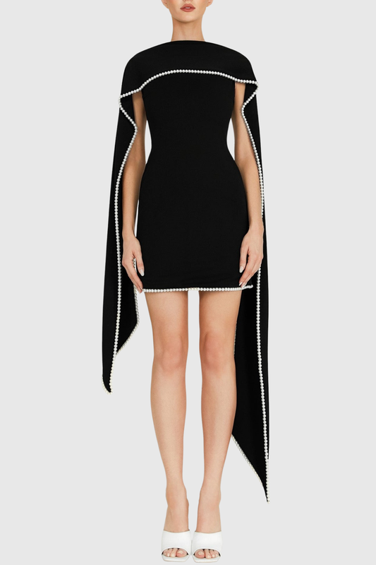 Zisel Pearl Trim Shawl Mini Dress - Black