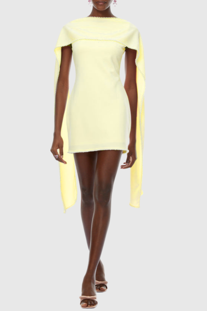 Zisel Pearl Trim Shawl Mini Dress - Yellow