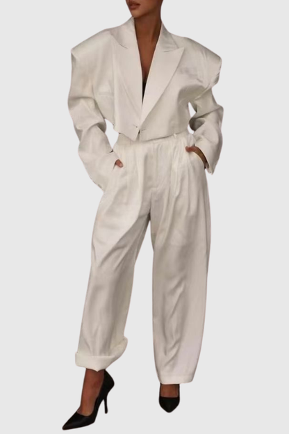 Ziyare Cropped Blazer & Trousers Set - White