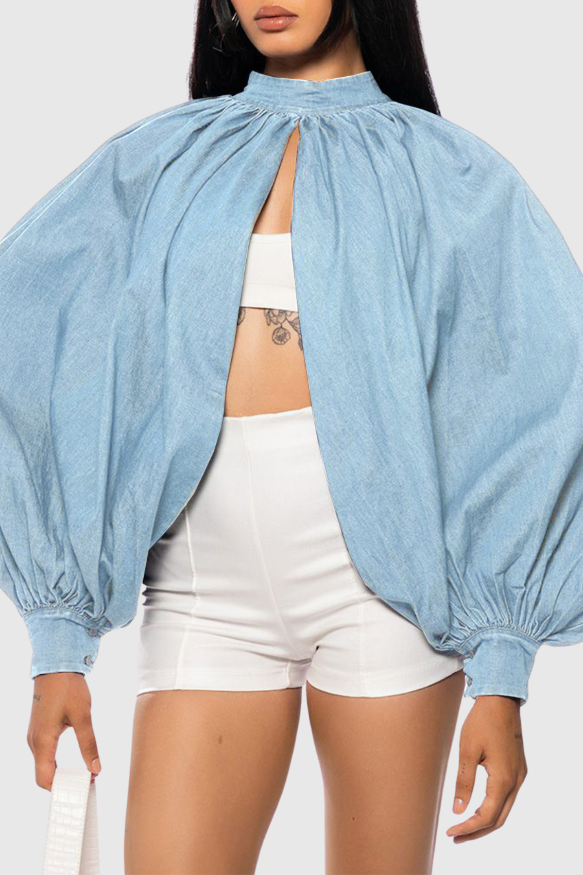 Zndigo Ruched Slit Denim Top - Blue