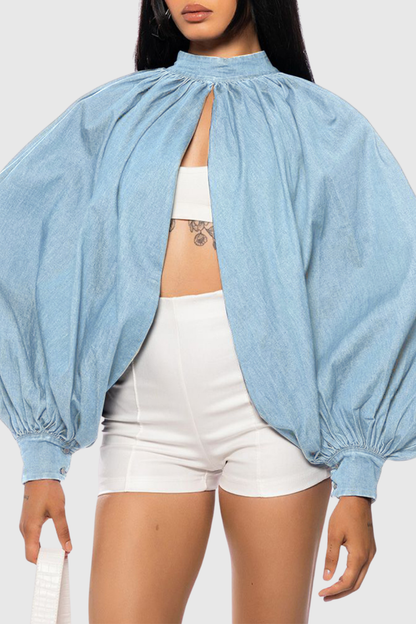 Zndigo Ruched Slit Denim Top - Blue