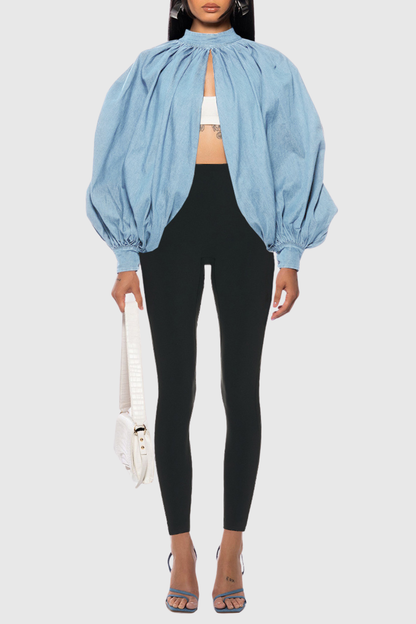 Zndigo Ruched Slit Denim Top - Blue