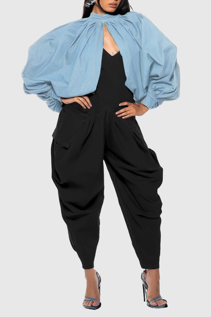 Zndigo Ruched Slit Denim Top - Blue