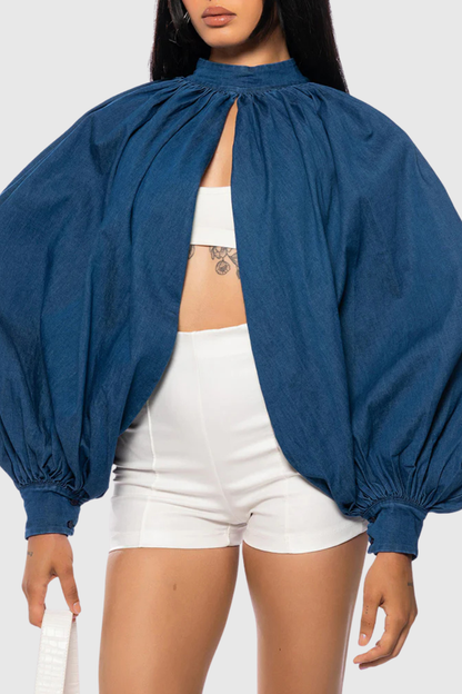 Zndigo Ruched Slit Denim Top - Navy