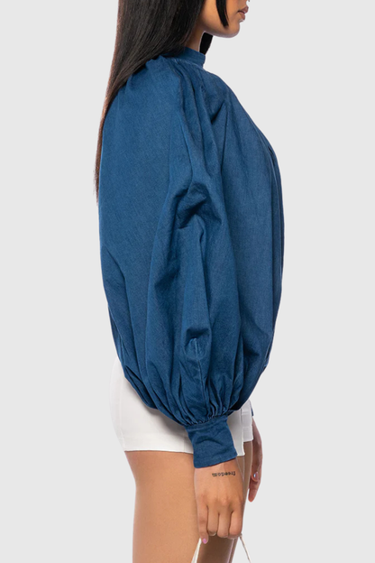 Zndigo Ruched Slit Denim Top - Navy