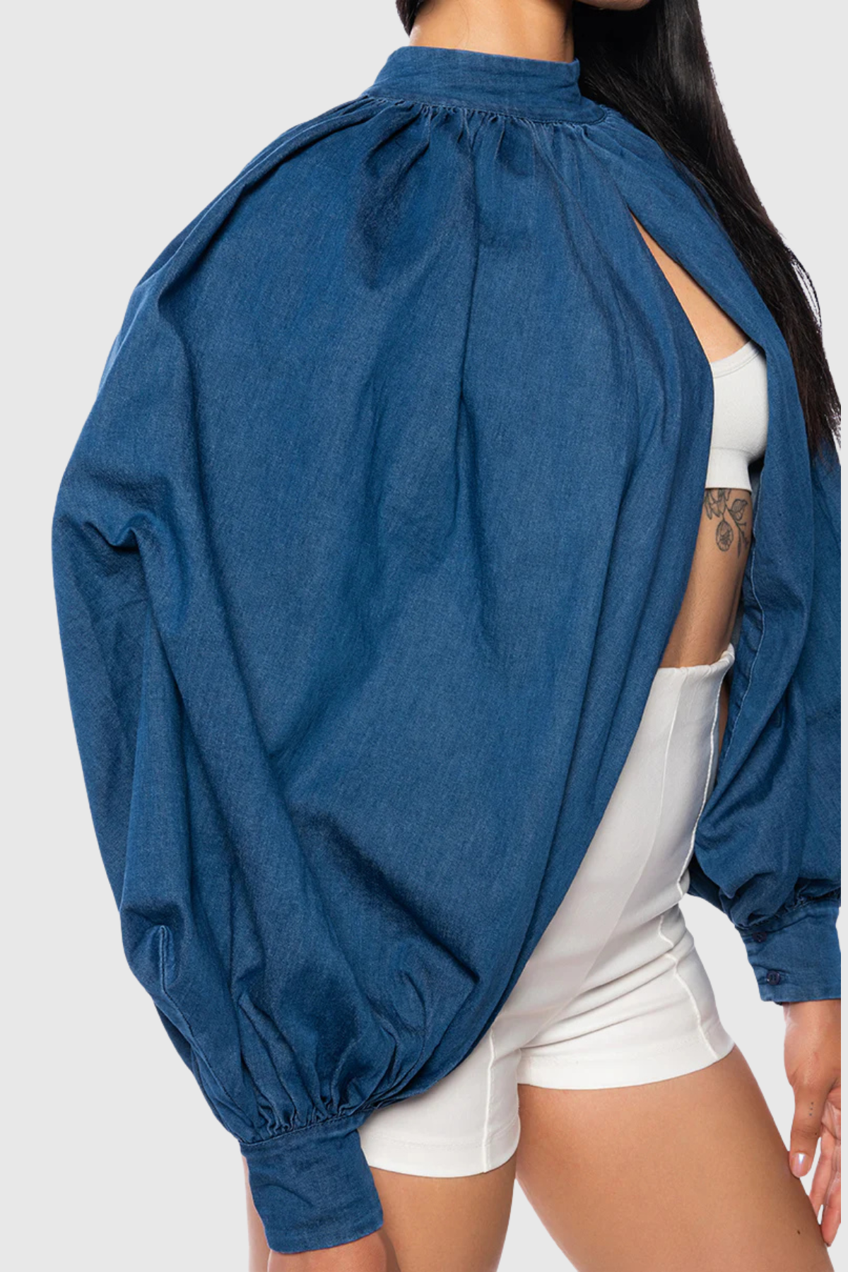Zndigo Ruched Slit Denim Top - Navy