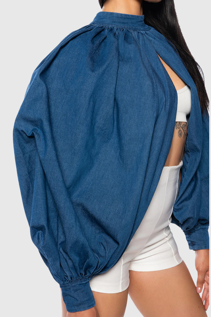 Zndigo Ruched Slit Denim Top - Navy