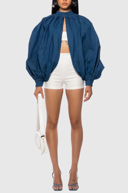 Zndigo Ruched Slit Denim Top - Navy
