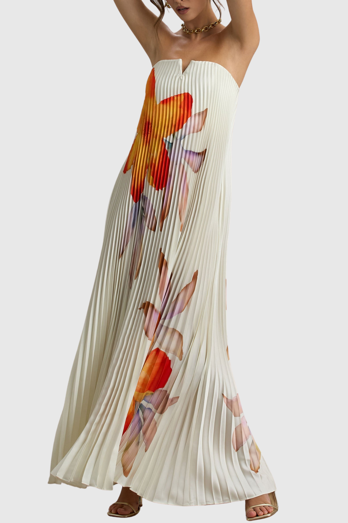Zorana Floral Strapless Pleated Maxi Dress