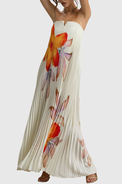 Zorana Floral Strapless Pleated Maxi Dress