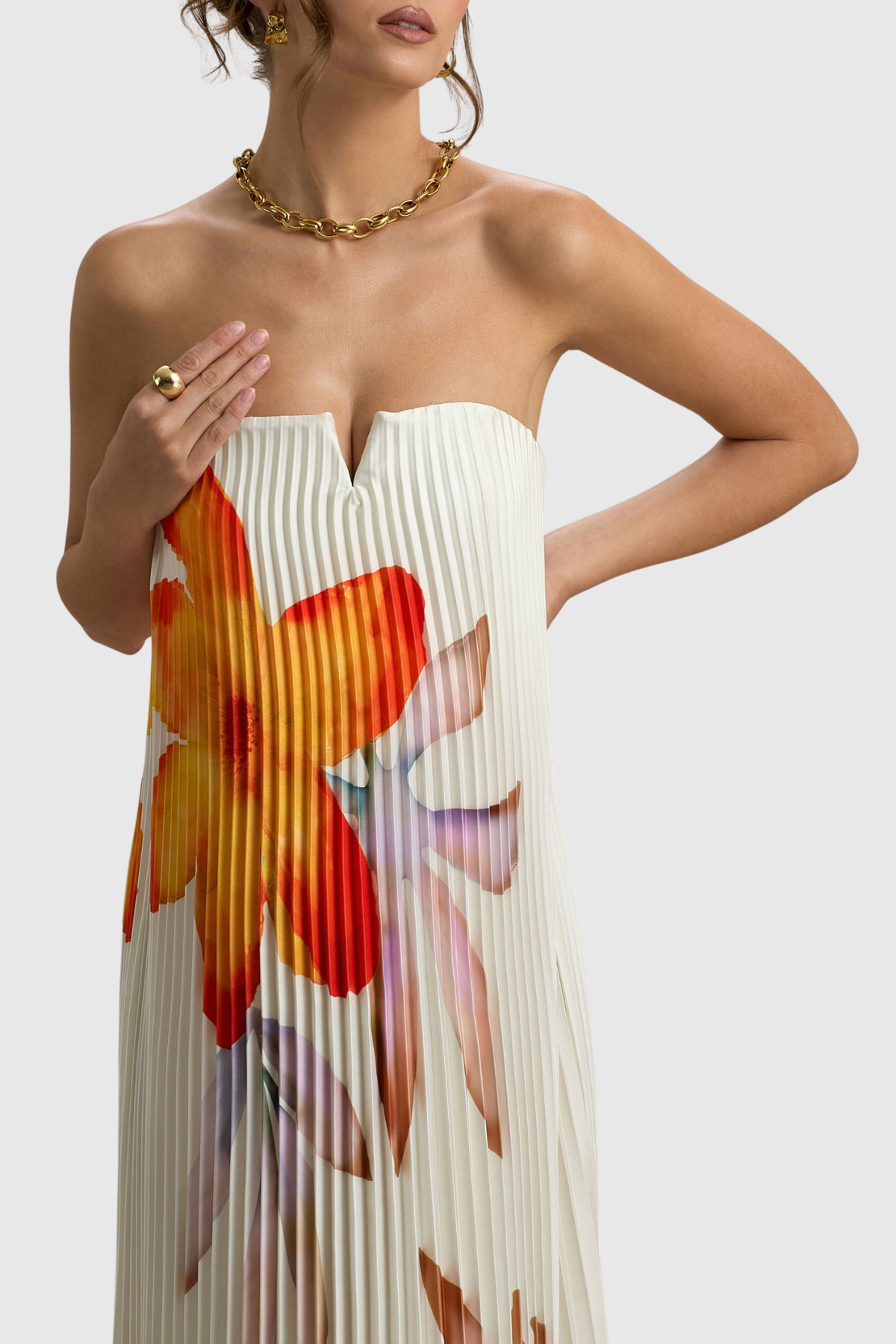 Zorana Floral Strapless Pleated Maxi Dress