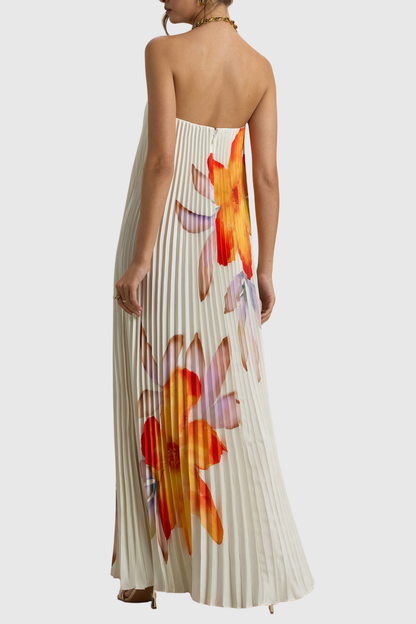 Zorana Floral Strapless Pleated Maxi Dress