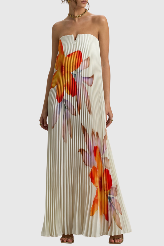 Zorana Floral Strapless Pleated Maxi Dress