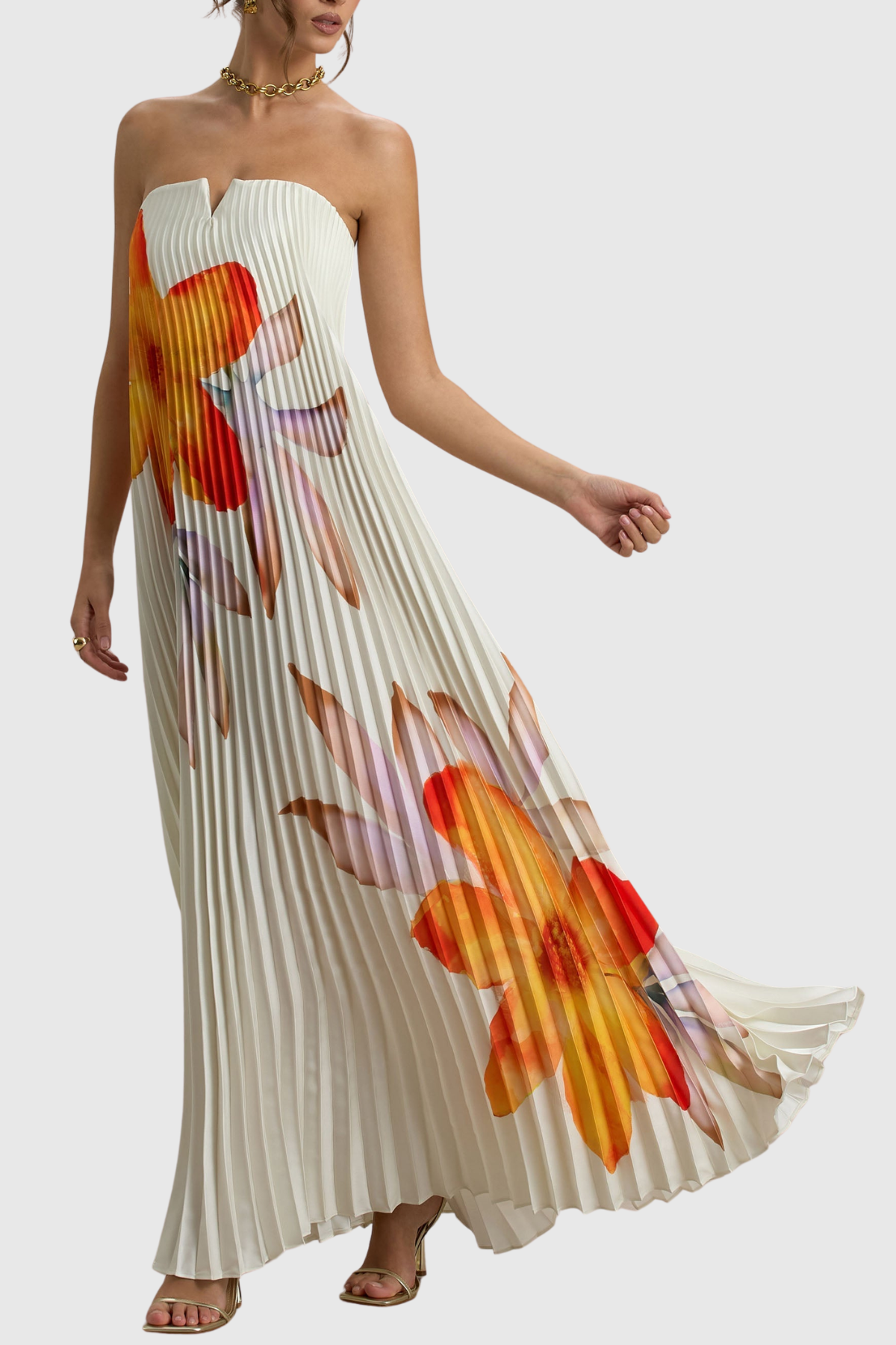 Zorana Floral Strapless Pleated Maxi Dress