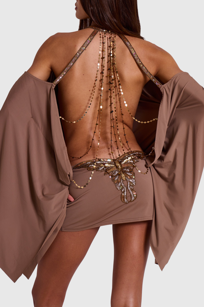 Zosma Butterfly Embellished Backless Mini Dress