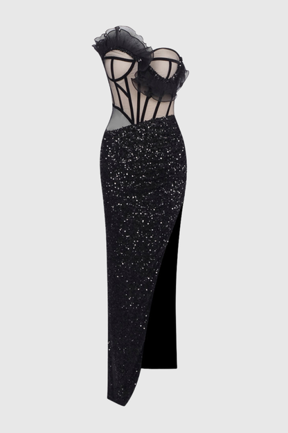 Zully Strapless Ruffle Sequin Maxi Dress