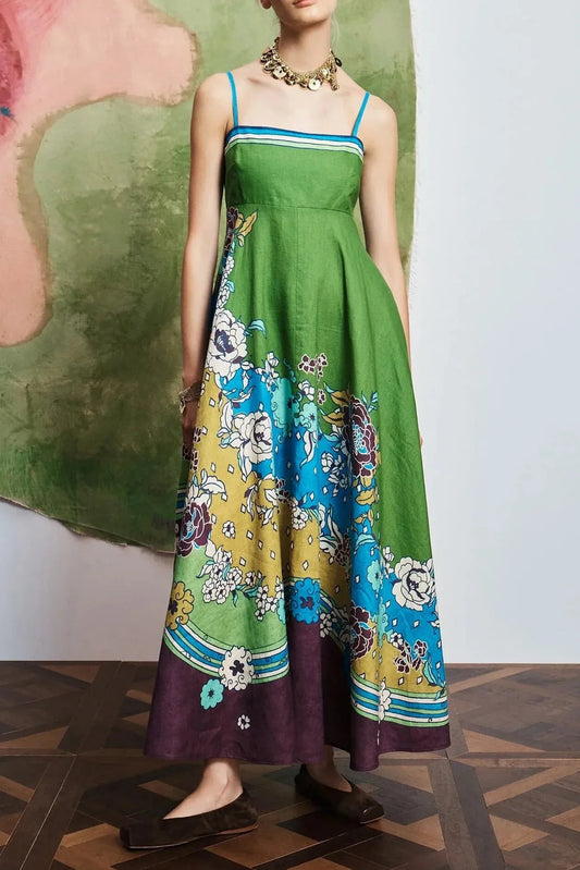 Alemais Color Block Floral Print Spaghetti Strap Midi Dress