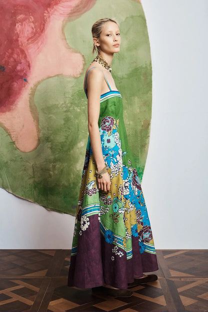 Alemais Color Block Floral Print Spaghetti Strap Midi Dress